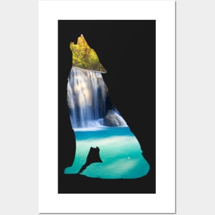 Waterfall Howling Wolf Posters and Art